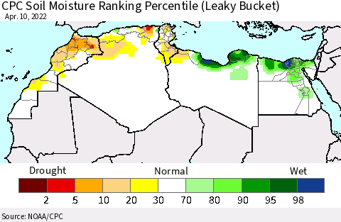 North Africa CPC Soil Moisture Ranking Percentile (Leaky Bucket) Thematic Map For 4/6/2022 - 4/10/2022
