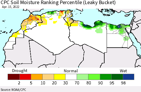 North Africa CPC Soil Moisture Ranking Percentile (Leaky Bucket) Thematic Map For 4/11/2022 - 4/15/2022
