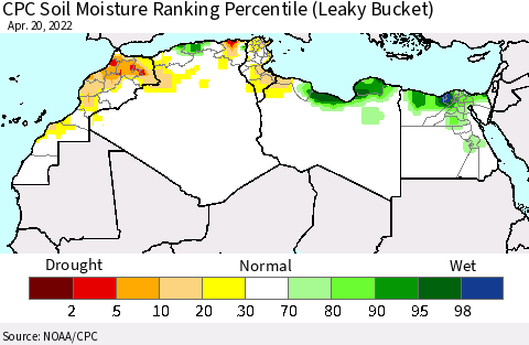 North Africa CPC Soil Moisture Ranking Percentile (Leaky Bucket) Thematic Map For 4/16/2022 - 4/20/2022