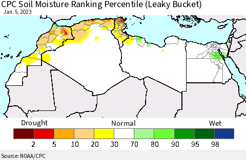 North Africa CPC Soil Moisture Ranking Percentile (Leaky Bucket) Thematic Map For 1/1/2023 - 1/5/2023