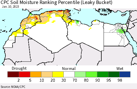 North Africa CPC Soil Moisture Ranking Percentile (Leaky Bucket) Thematic Map For 1/6/2023 - 1/10/2023