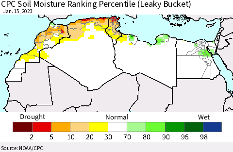 North Africa CPC Soil Moisture Ranking Percentile (Leaky Bucket) Thematic Map For 1/11/2023 - 1/15/2023