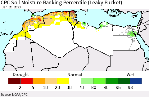 North Africa CPC Soil Moisture Ranking Percentile (Leaky Bucket) Thematic Map For 1/16/2023 - 1/20/2023