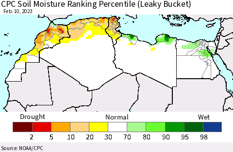 North Africa CPC Soil Moisture Ranking Percentile (Leaky Bucket) Thematic Map For 2/6/2023 - 2/10/2023