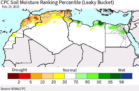 North Africa CPC Soil Moisture Ranking Percentile (Leaky Bucket) Thematic Map For 2/11/2023 - 2/15/2023