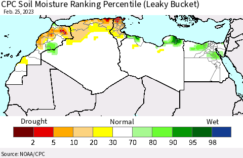 North Africa CPC Soil Moisture Ranking Percentile (Leaky Bucket) Thematic Map For 2/21/2023 - 2/25/2023