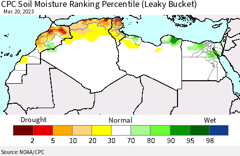 North Africa CPC Soil Moisture Ranking Percentile (Leaky Bucket) Thematic Map For 3/16/2023 - 3/20/2023