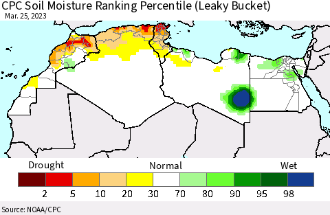 North Africa CPC Soil Moisture Ranking Percentile (Leaky Bucket) Thematic Map For 3/21/2023 - 3/25/2023