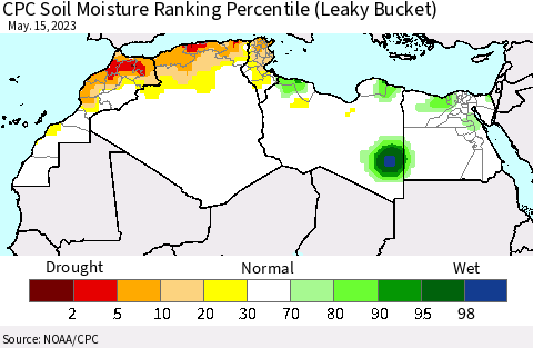 North Africa CPC Soil Moisture Ranking Percentile (Leaky Bucket) Thematic Map For 5/11/2023 - 5/15/2023
