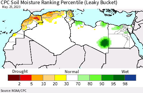 North Africa CPC Soil Moisture Ranking Percentile (Leaky Bucket) Thematic Map For 5/21/2023 - 5/25/2023