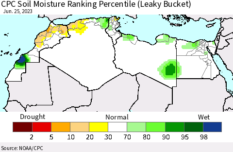 North Africa CPC Soil Moisture Ranking Percentile (Leaky Bucket) Thematic Map For 6/21/2023 - 6/25/2023