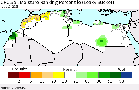 North Africa CPC Soil Moisture Ranking Percentile (Leaky Bucket) Thematic Map For 7/6/2023 - 7/10/2023