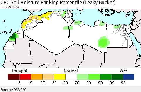 North Africa CPC Soil Moisture Ranking Percentile (Leaky Bucket) Thematic Map For 7/21/2023 - 7/25/2023