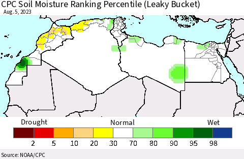 North Africa CPC Soil Moisture Ranking Percentile (Leaky Bucket) Thematic Map For 8/1/2023 - 8/5/2023