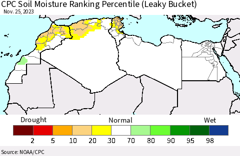 North Africa CPC Soil Moisture Ranking Percentile (Leaky Bucket) Thematic Map For 11/21/2023 - 11/25/2023