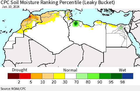 North Africa CPC Soil Moisture Ranking Percentile (Leaky Bucket) Thematic Map For 1/6/2024 - 1/10/2024