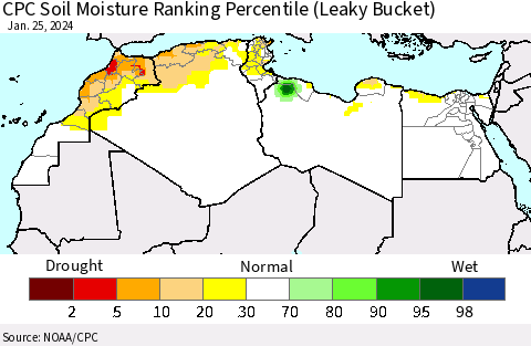 North Africa CPC Soil Moisture Ranking Percentile (Leaky Bucket) Thematic Map For 1/21/2024 - 1/25/2024