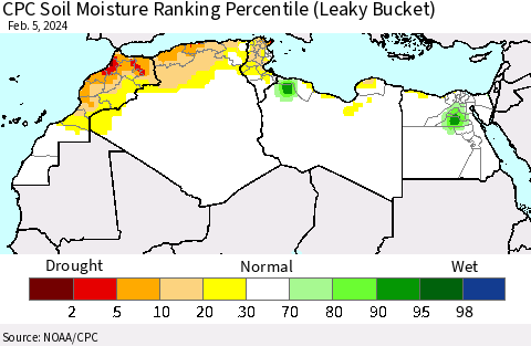 North Africa CPC Soil Moisture Ranking Percentile (Leaky Bucket) Thematic Map For 2/1/2024 - 2/5/2024