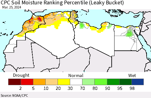 North Africa CPC Soil Moisture Ranking Percentile (Leaky Bucket) Thematic Map For 3/21/2024 - 3/25/2024