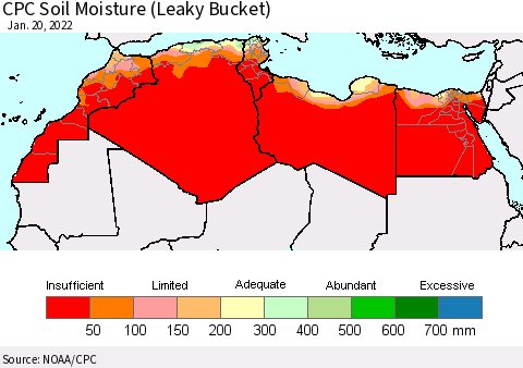 North Africa CPC Soil Moisture (Leaky Bucket) Thematic Map For 1/16/2022 - 1/20/2022