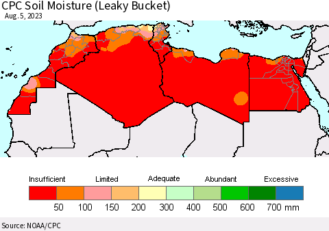 North Africa CPC Soil Moisture (Leaky Bucket) Thematic Map For 8/1/2023 - 8/5/2023