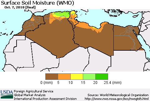 North Africa Surface Soil Moisture (WMO) Thematic Map For 10/1/2018 - 10/7/2018