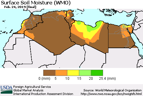 North Africa Surface Soil Moisture (WMO) Thematic Map For 2/18/2019 - 2/24/2019