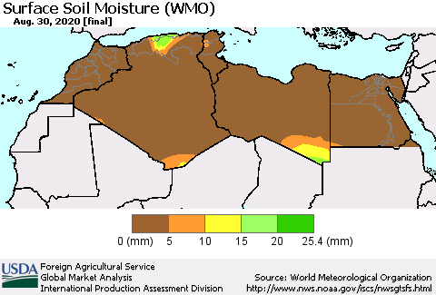 North Africa Surface Soil Moisture (WMO) Thematic Map For 8/24/2020 - 8/30/2020