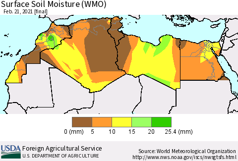 North Africa Surface Soil Moisture (WMO) Thematic Map For 2/15/2021 - 2/21/2021