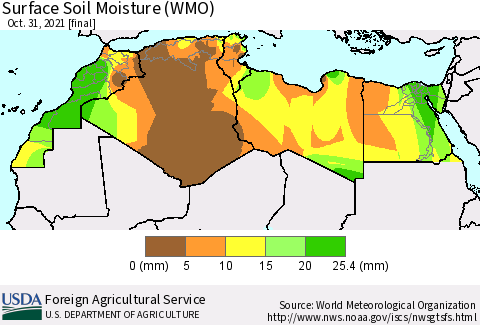 North Africa Surface Soil Moisture (WMO) Thematic Map For 10/25/2021 - 10/31/2021