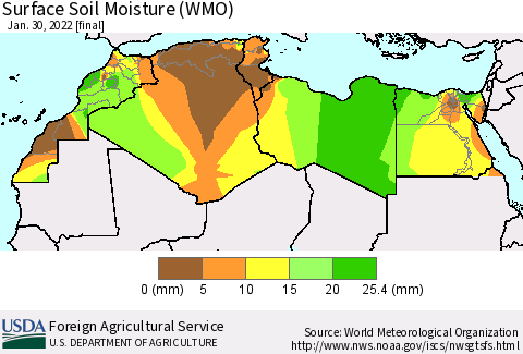 North Africa Surface Soil Moisture (WMO) Thematic Map For 1/24/2022 - 1/30/2022