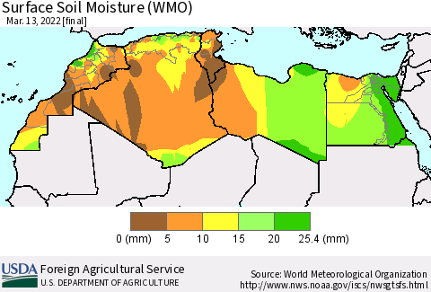 North Africa Surface Soil Moisture (WMO) Thematic Map For 3/7/2022 - 3/13/2022