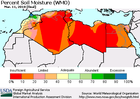 North Africa Percent Soil Moisture (WMO) Thematic Map For 3/5/2018 - 3/11/2018