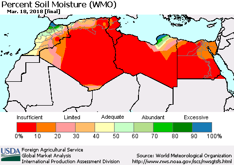 North Africa Percent Soil Moisture (WMO) Thematic Map For 3/12/2018 - 3/18/2018