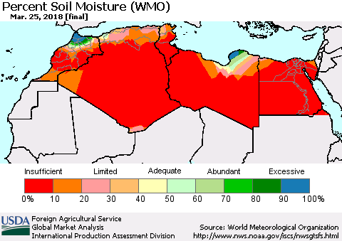 North Africa Percent Soil Moisture (WMO) Thematic Map For 3/19/2018 - 3/25/2018