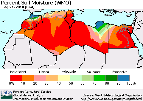 North Africa Percent Soil Moisture (WMO) Thematic Map For 3/26/2018 - 4/1/2018