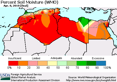 North Africa Percent Soil Moisture (WMO) Thematic Map For 4/2/2018 - 4/8/2018