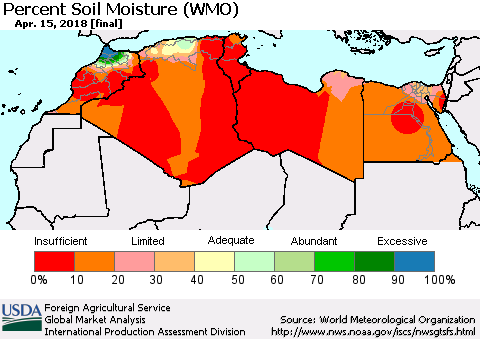 North Africa Percent Soil Moisture (WMO) Thematic Map For 4/9/2018 - 4/15/2018