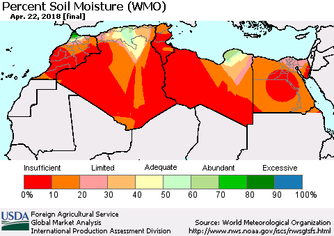 North Africa Percent Soil Moisture (WMO) Thematic Map For 4/16/2018 - 4/22/2018
