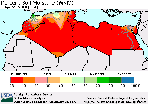 North Africa Percent Soil Moisture (WMO) Thematic Map For 4/23/2018 - 4/29/2018