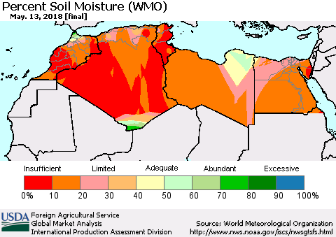 North Africa Percent Soil Moisture (WMO) Thematic Map For 5/7/2018 - 5/13/2018