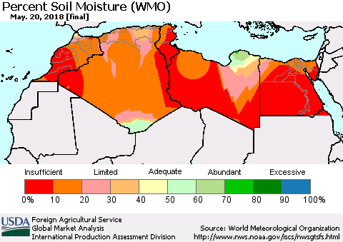 North Africa Percent Soil Moisture (WMO) Thematic Map For 5/14/2018 - 5/20/2018