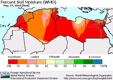 North Africa Percent Soil Moisture (WMO) Thematic Map For 5/21/2018 - 5/27/2018