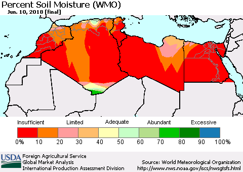 North Africa Percent Soil Moisture (WMO) Thematic Map For 6/4/2018 - 6/10/2018