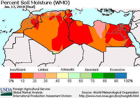 North Africa Percent Soil Moisture (WMO) Thematic Map For 6/11/2018 - 6/17/2018