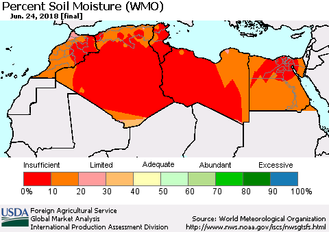 North Africa Percent Soil Moisture (WMO) Thematic Map For 6/18/2018 - 6/24/2018