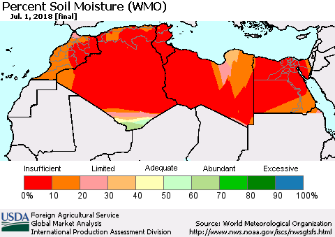 North Africa Percent Soil Moisture (WMO) Thematic Map For 6/25/2018 - 7/1/2018