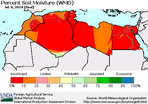 North Africa Percent Soil Moisture (WMO) Thematic Map For 7/2/2018 - 7/8/2018