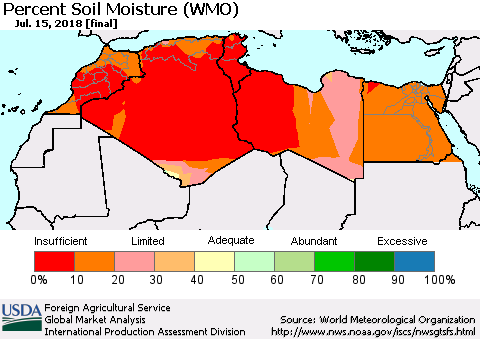 North Africa Percent Soil Moisture (WMO) Thematic Map For 7/9/2018 - 7/15/2018