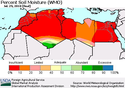 North Africa Percent Soil Moisture (WMO) Thematic Map For 7/23/2018 - 7/29/2018